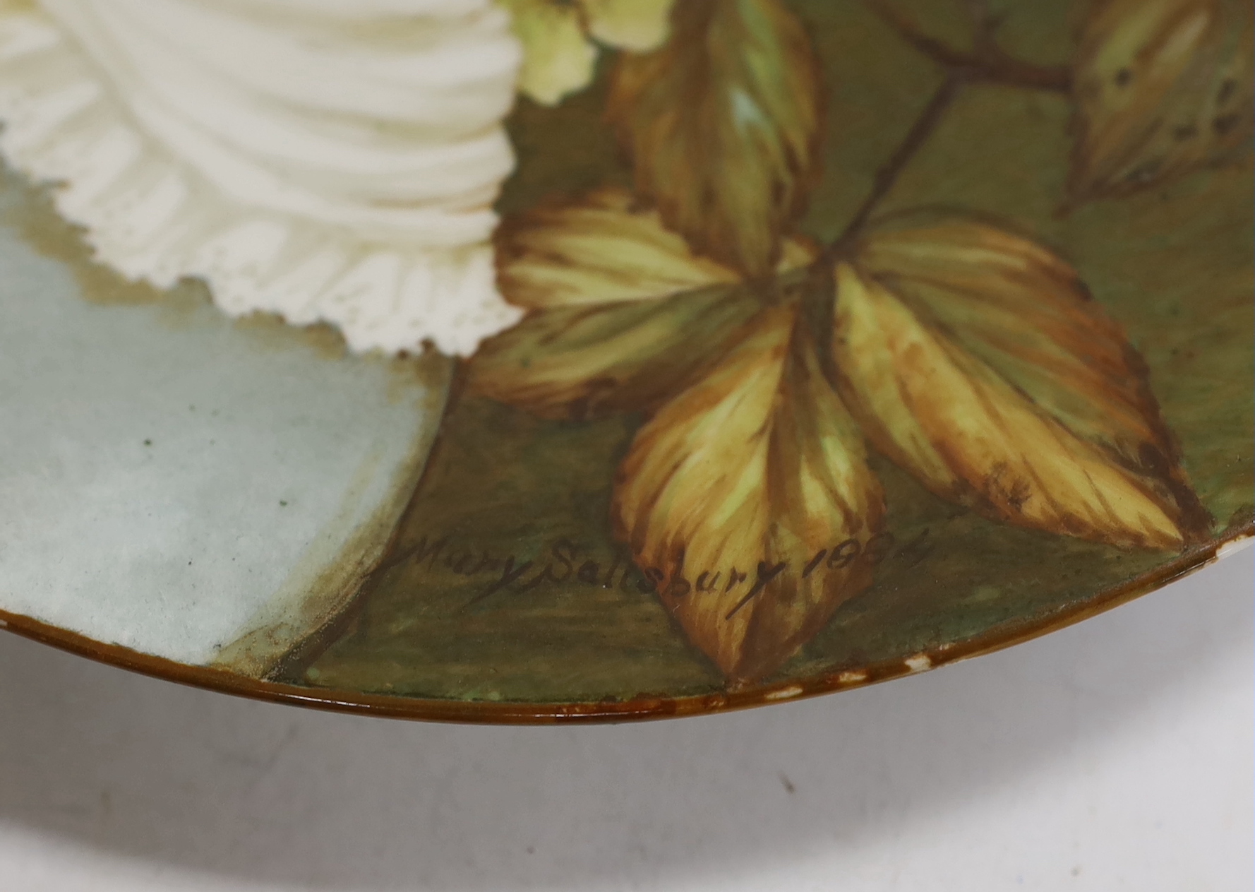 A Mary Salisbury hand painted plate, dated 1884, 24cm